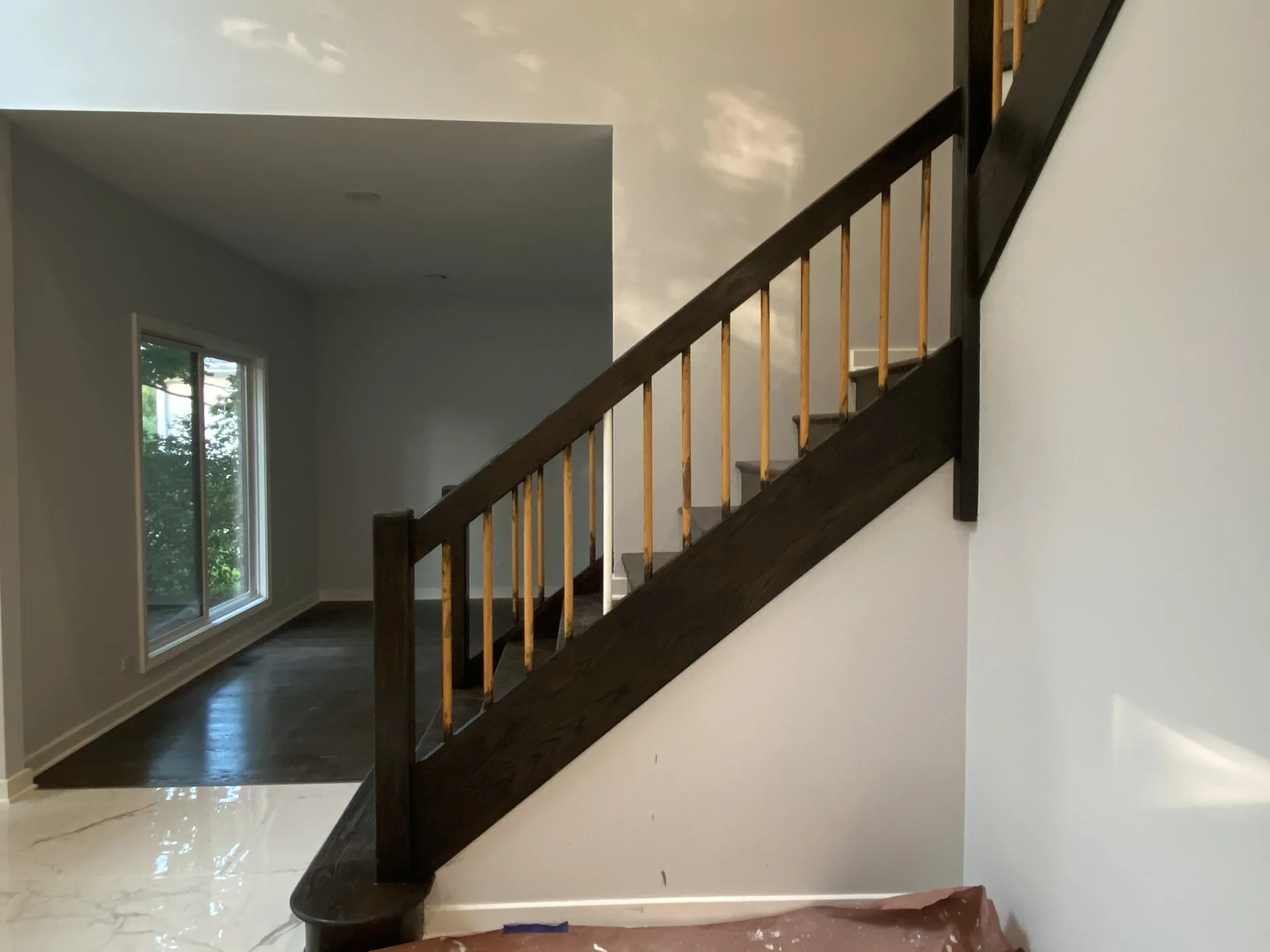 Freshly finished wood and painted trim detail